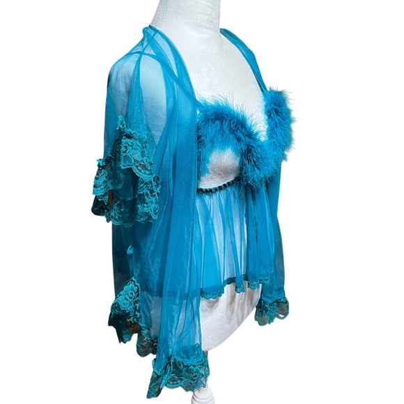 Vintage Frederick's of Hollywood Teal Feather Trim Sheer Babydoll Robe Y2K - Picture 2 of 13